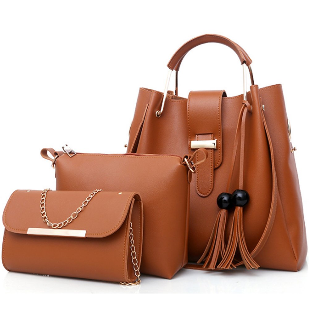 FiveloveTwo Women's Purse and Handbags 3 Pcs Bag Set PU Leather Tassel Totes Clutch Satchels Top Handle Shoulder Crossbody Bags Pack Brown