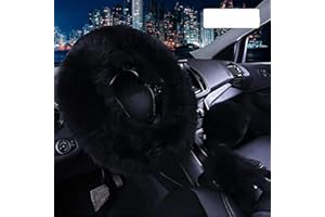 Vacallity 3 Pcs Fluffy Steering Wheel Covers, Universal Soft Comfortable Non-Slip Pure Wool Car Wheel Covers with Handbrake Cover Gear Shift Cover for Woman＆Girl,（Black