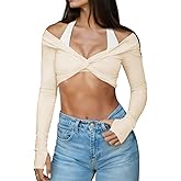 Yousify Womens Long Sleeve Workout Crop Tops Twist Deep V Neck Y2k Yoga Pilates Ballet T Shirt Top with Thumb Holes