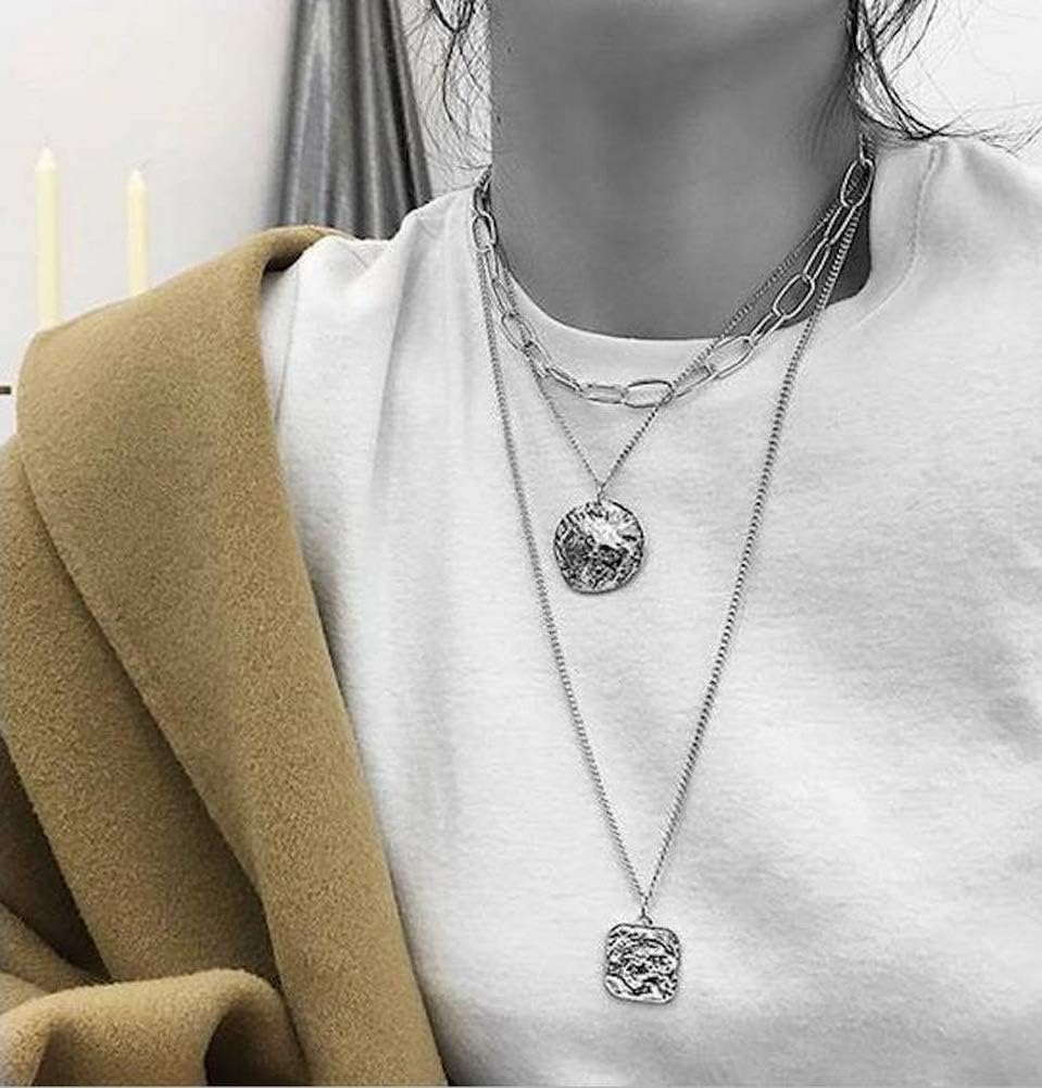 Vintage Multilayers Metal Punk Silver Chains Cross Square Choker Gothic Collar Punk Charm Necklace Pendant Neck - Jewelry Statement Rock 90's Heavy Duty for Men Women Male Female (Type: H)