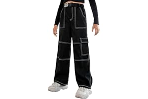 EXARUS Girls Cargo Pants Baggy Wide Leg Straight Loose Pant Tween High Elastic Waistband with Pockets Teen Youth 8-14Y