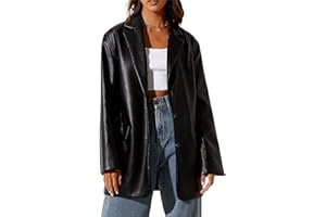 ABYOVRT Women Leather Jacket Oversized Faux Leather Blazer Button Down Lapel Coat with Pockets Vintage Streetwear