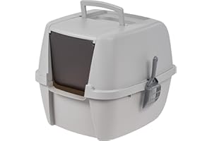 IRIS USA Jumbo Enclosed Cat Litter Box with Front Door Flap and Scoop, Covered Kitty Litter Box with Handle and Buckles for Portability and Privacy, Gray