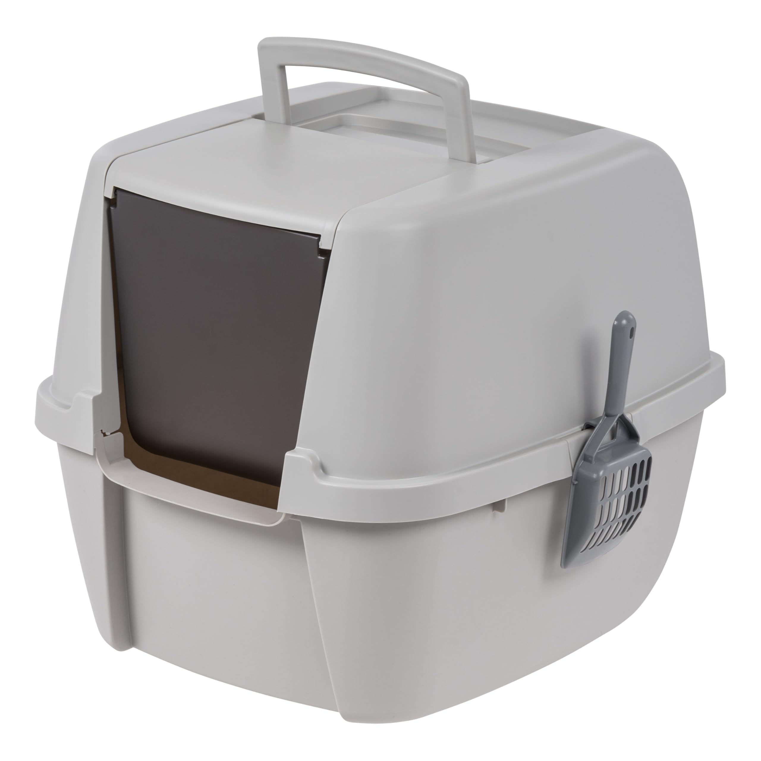 Photo 1 of (missing scoop) IRIS USA Jumbo Enclosed Cat Litter Box with Front Door Flap and Scoop, Covered Kitty Litter Box with Handle and Buckles for Portability and Privacy, Gray