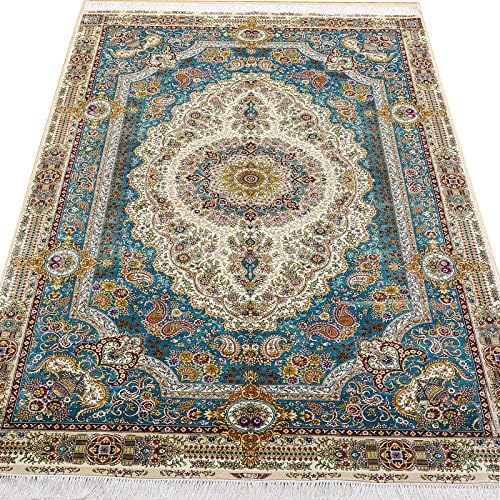 YUCHEN RUG 5x8 Turquiose Silk Rug Handmade Vintage Persian Tabriz Carpet for Bedroom