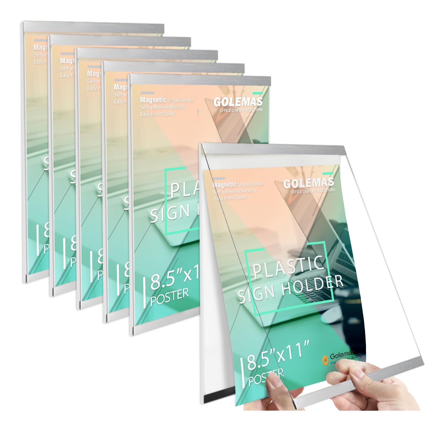 Photo 1 of Golemas Acrylic Magnetic Sign Holder, Easy-Opening 8.5 x 11 Wall Mount Display Frames, Self Adhesive Back Plastic Clear Document Holder, Silver Aluminium Strips Frame (6Pack)