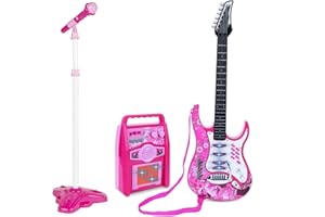 GENERIC Willbebest Kids Karaoke Microphone Guitar Musical Set Kids Electric Guitar Microphone Amplifier Set Karaoke Machine Musical Instruments Toy Electric Guitar with Microphone for Boys and Girls (Pink)