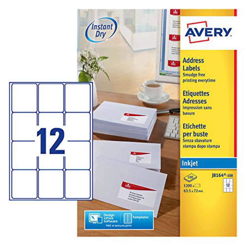 Avery Address Labels Inkjet 63.5 × 72 mm – Self‑Adhesive Mailing Parcel and Post Labels, 12 per A4 Sheet – Bulk Pack of 1 200 White Printer Sticker Sheets (J8164‑100)