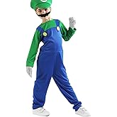 Aoibox Plumber Costume For Kids M&L Super Brothers Cosplay Boys Halloween Costumes Jumpsuit with Hat Mustache