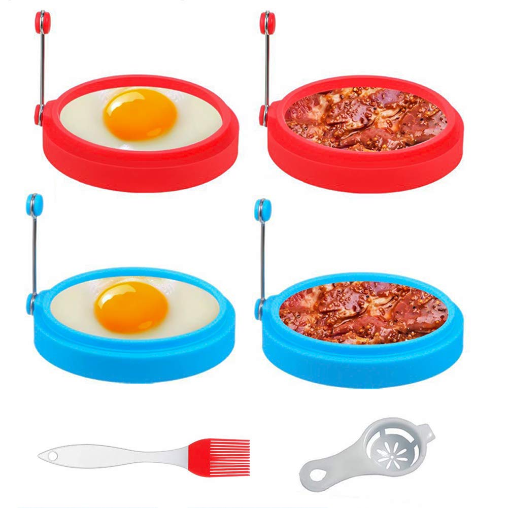 Egg Rings, 6 PCs Nonstick Silicone Egg Rings Pancake Molds for Frying, Reusable Cooking Rings for Frying Pan with Egg Yolk Separator and Silicone Oil Brush for Household Kitchen Cooking Tool