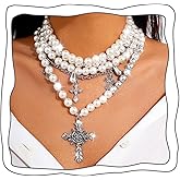 Uranian Layered Pearl Necklaces Gothic Pearl Cross Necklace Silver Stacked Necklace Y2K Pearls Jewelry for Women