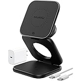 KU XIU Qi2.2 25W Magnetic Wireless Charger, Foldable 3 in 1 Travel Charging Station for iPhone 17/16/15/14/13/12, 5W for Apple Watch & AirPods, Aluminum Alloy Design, 45W GaN Adapter Included, Black