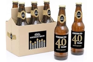 Big Dot of Happiness Adult 40th Birthday - Gold Happy Party Decorations for Women and Men 6 Beer Bottle Label Stickers 1 Carrier