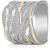 HAIXIAN Sterling Silver Wide Band Ring, Multi Cross Lines CZ Ring, Gold and Silver Two-Tone, Women's Knot Index Ring