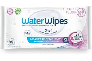 WaterWipes Sensitive+ Body & Intimate Wipes, 3-In-1 Cleans, Cares, Protects, 99.9% Water, Unscented & Hypoallergenic Hygiene Wet Wipes, Adult Care, 30 Wipes (1 Packs)
