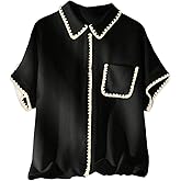 Verdusa Women's Plus Size Button Down Dressy Blouses Contrast Trim Work Tops Collared Shirts with Pocket