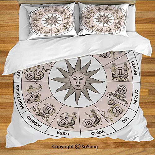 Astrology Queen Size Bedding Duvet Cover Set,Wheel Circle of Zodiac Signs with Sun Seem Image in Center Art Print Decorative 3 Piece Bedding Set with 2 Pillow Shams,Light Grey and White - Thumbnail 2