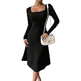 QIANZHIDU Women's Casual Rib Knit Square Neck Long Sleeve Flowy Midi Pullover Sweater Dress