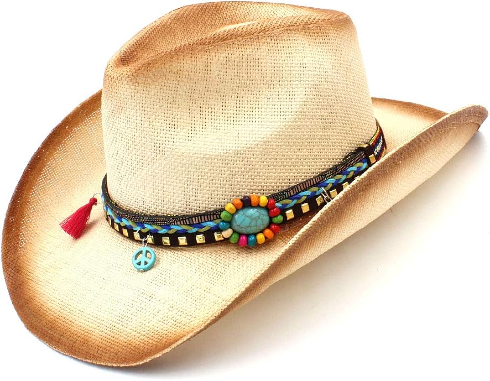 Classic Women Multicolor Western Straw Cowboy Hat Tassel Band Décor