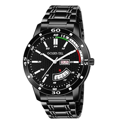 Golden Bell Original Day and Date Multifunction Black Dial Black Steel Chain Mens Watch - GB-1283