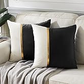 Fancy Homi 2 Packs Black Decorative Throw Pillow Covers 18x18 Inch for Living Room Couch Bed, Black and White Velvet Patchwork with Gold Leather, Luxury Modern Home Decor, Accent Cushion Case 45x45 cm