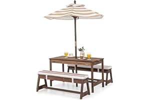 HONEY JOY Kids Picnic Table, Outdoor Wooden Table & Bench Set w/Removable Cushions and Umbrella, Stripe Fabric, Children Back