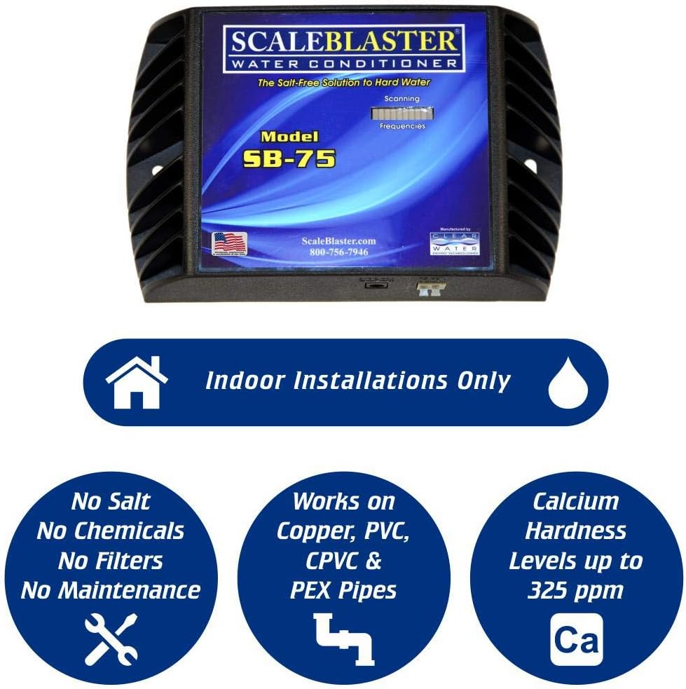 ScaleBlaster SB-75 Scale Blaster Black with Warranty, Sustainable Hard Water Softener Conditioner Descaler, Limescale Remover, Salt and Chemical Free, Made in the USA - - 