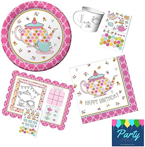 Girls Tea Party Set Birthday Party Supplies for 8 Guests Includes Paper Tea Cups, Activity Placemat, Dessert Plates, Dessert Napkins