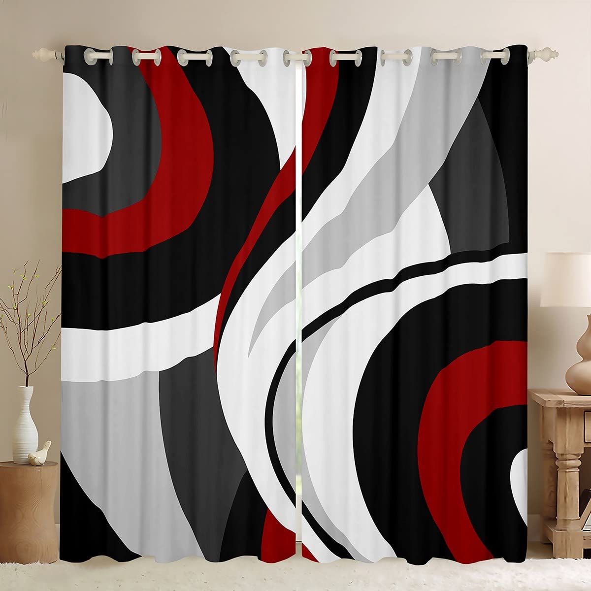 Red Black Stripes Blackout Curtain Abstract Circle Waves Curtains Geometric Swirl Window Treatment Curtain for Kids Teens Girls Women Room Decor Modern Grey White Window Drapes,Top 2 Panel,46Wx54L