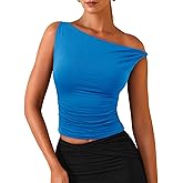 REORIA Women's Twisted Asymmetrical Off The Shoulder Tops Double Lined Slim Fitted Side Ruched Tee Shirts