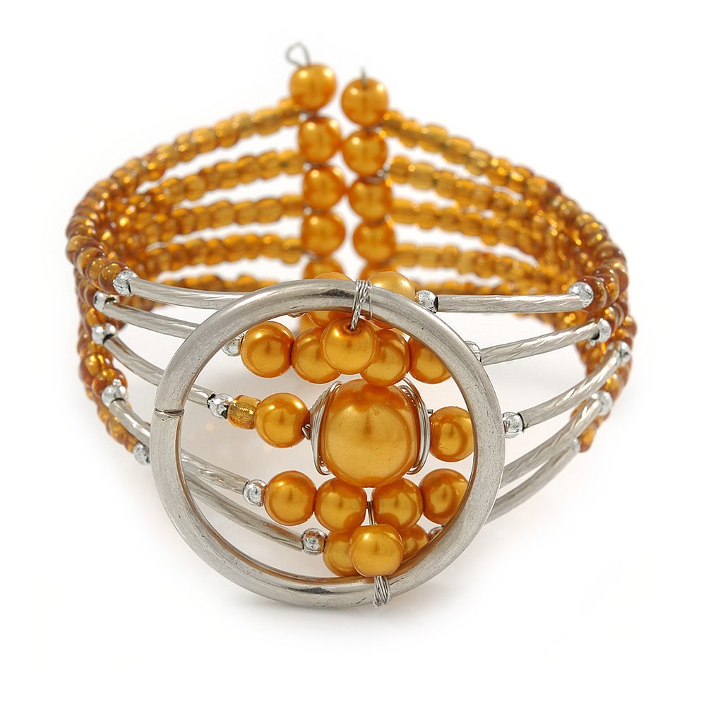 Avalaya Gold Orange Acrylic Bead Wristwatch Style Flex Cuff Bracelet - 19cm L