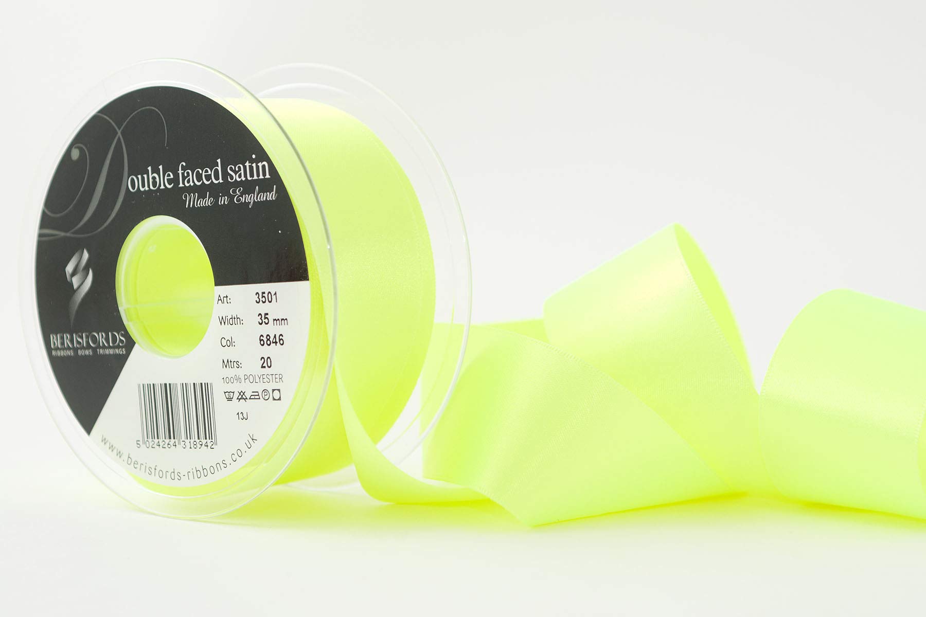 Berisfords Double Satin Ribbon, Flo Yellow, 35 mm x 20 m — image 1