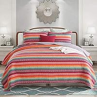 NEWLAKE Cotton Bedspread Quilt Sets-Reversible Patchwork Coverlet Set, Striped Rainbow Pattern,Queen Size