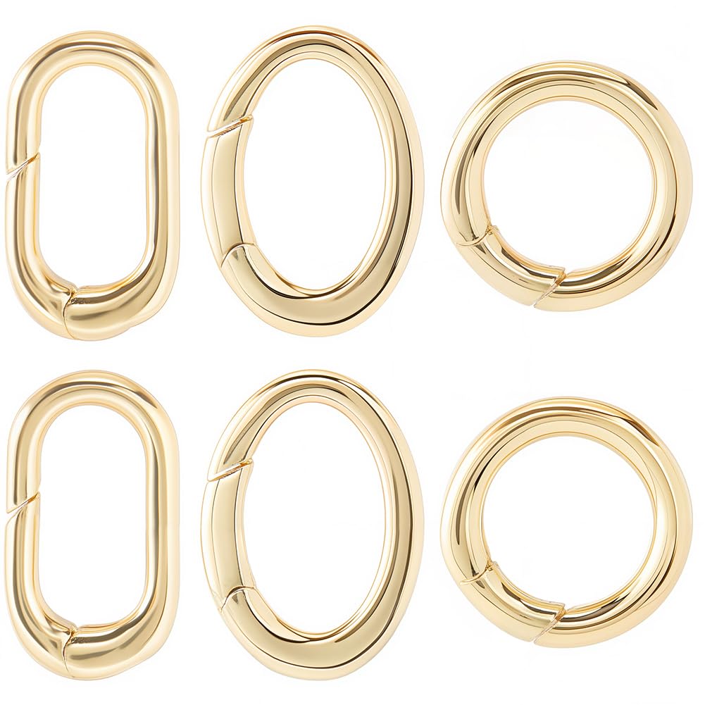 SUNNYCLUE 1 Box 6Pcs Real 18K Gold Plated Round Oval Clasp Spring Gate Rings Carabiner Key Ring Spring Clasp Rings Brass Spring O Rings for Jewellery Making Clasps Keyrings Buckle Bags DIY Craft