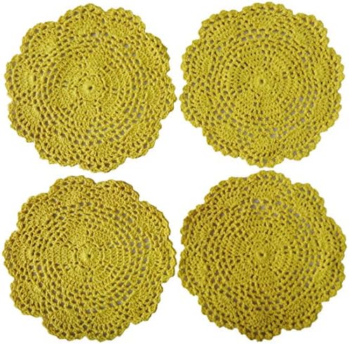 Handmade Crochet Cotton Lace Table Placemats Doilies Round 7.8 inches (20 cm) (Pack of 4 pcs) (Yellow)