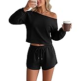 Velvelhall Women's 2 Piece Lounge Outfits No Hem Long Sleeve Sweatsuit Off Shoulder Top and Drawstring Short Pants Casual Set