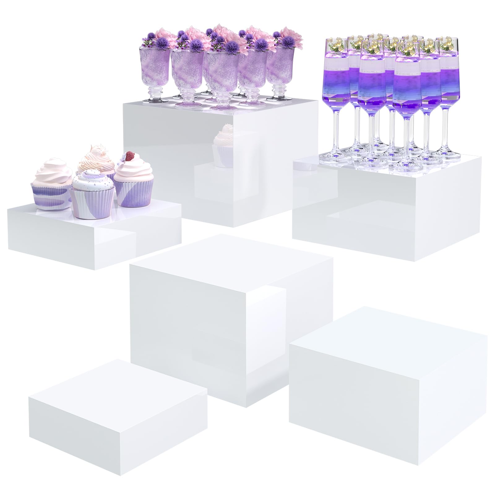 Photo 1 of Buffet Risers, Food Display Risers for Party, White Acrylic Risers Display Stand for Buffet Table, Catering Displays for Dessert, Cube Box Nesting Riser with Hollow Bottoms (6"x7"x8" 6PCS)
