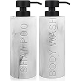 Large Soap Dispenser for Bathroom, Marble White Resin 2 Pcs Body Wash and Shampoo Dispenser Set, Modern Luxurious Refillable Pump Bottle with Embossed Text, Liquid Dispenser Easy-to-Press