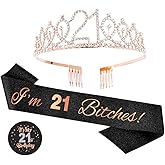 Topfunyy 21st Birthday Tiara and Sash Set - 'I'm 21 Bitches' Black Glitter Sash Crystal Crown Birthday Gift for Girls 21st Party Supplies