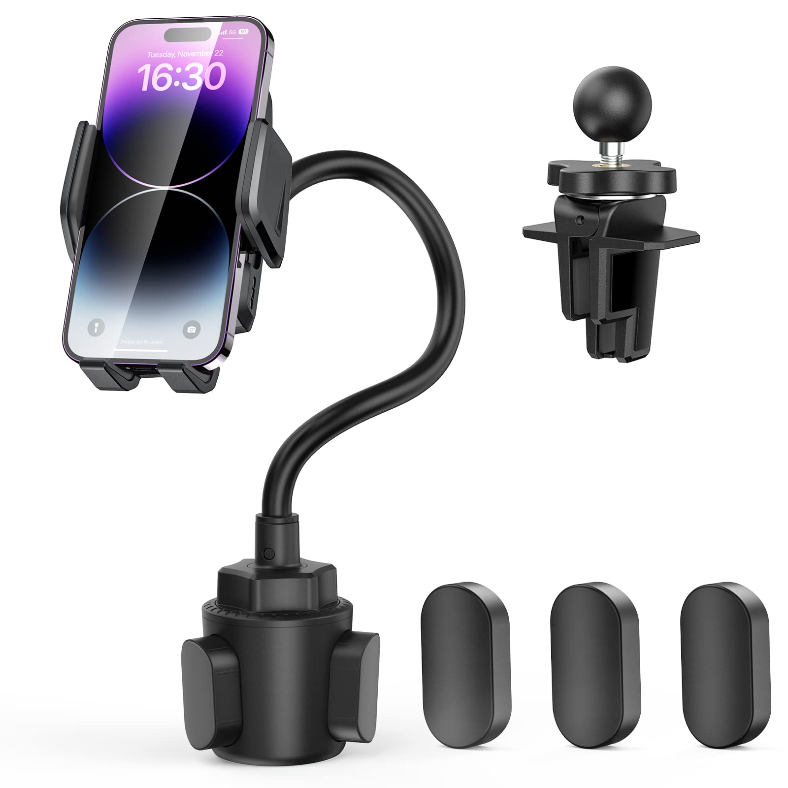 TECKNET Cup Phone Holder for Car - Portable Phone Mount to Cup Holder with Air Vent Holders & Expandable Base, Cell Phone Holders for iPhone 17/16 Pro Max and All Cell Phones, Car Models