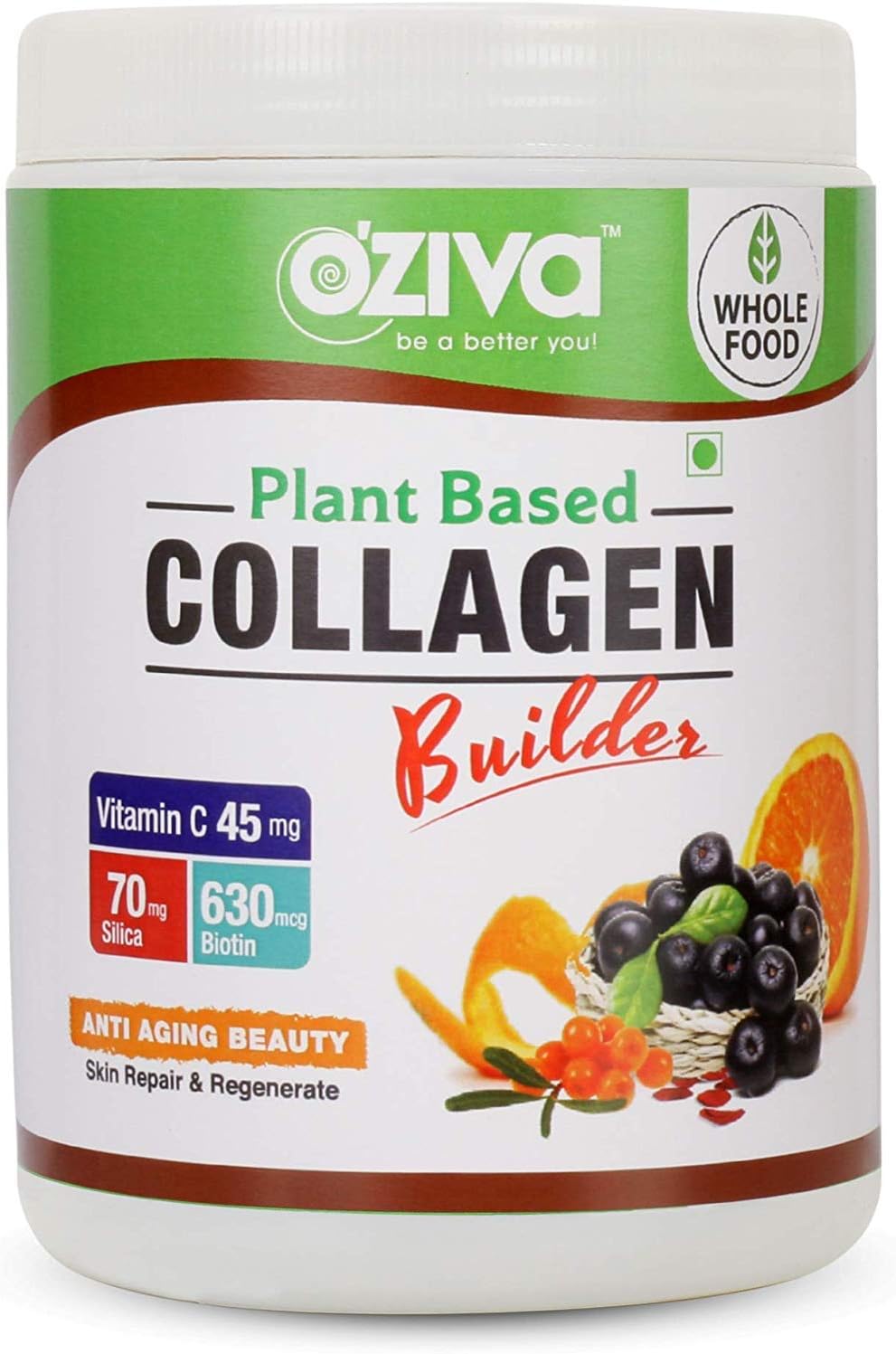 OZiva Plant Based Collagen Builder for Anti-Aging Beauty, Skin Repair & Regeneration (with Sea Buckthorn, Acerola Cherry, Acai Berry & More), 250g