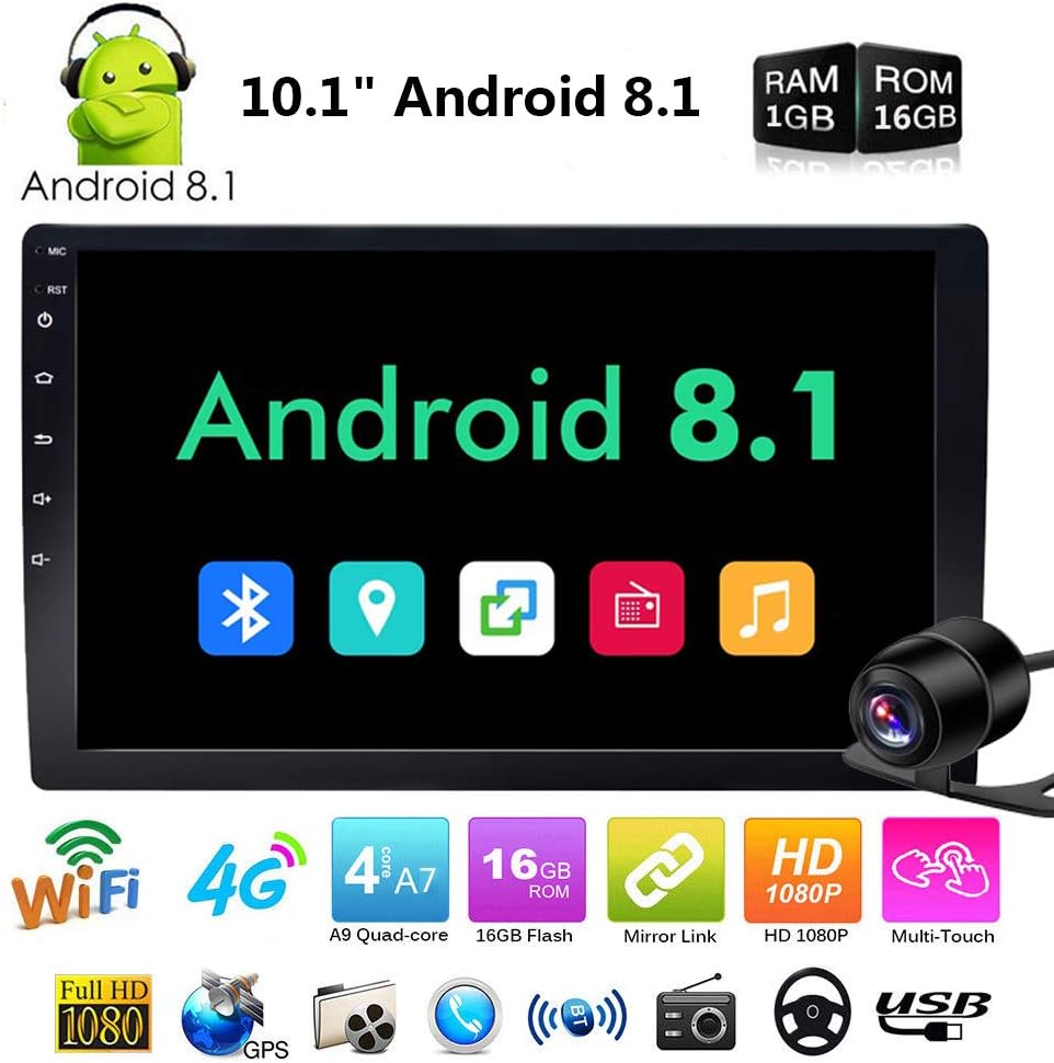 Binize Android 8.1 Universal Car Stereo 10.1 inch Touch Screen Double 2Din in Dash Auto Radio Video Multimedia Non-DVD Mp3 Mp5 Player with Bluetooth 4G WiFi GPS Navigation Free Camera