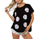 ChiyeeKiss Womens Sparkle Baseball Sequin Tee Game Day Pullover T-Shirt Crewneck Oversized Short Sleeve Washed Tops