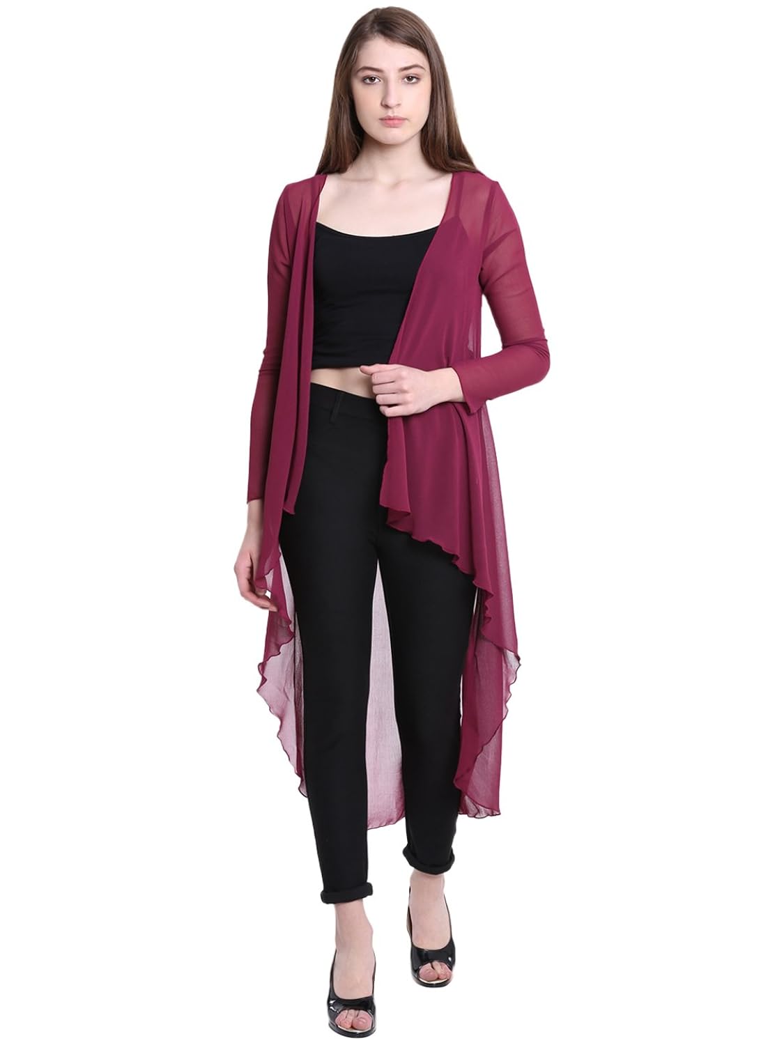 gj couture women's georgette maroon solid full sleeves regular shrug