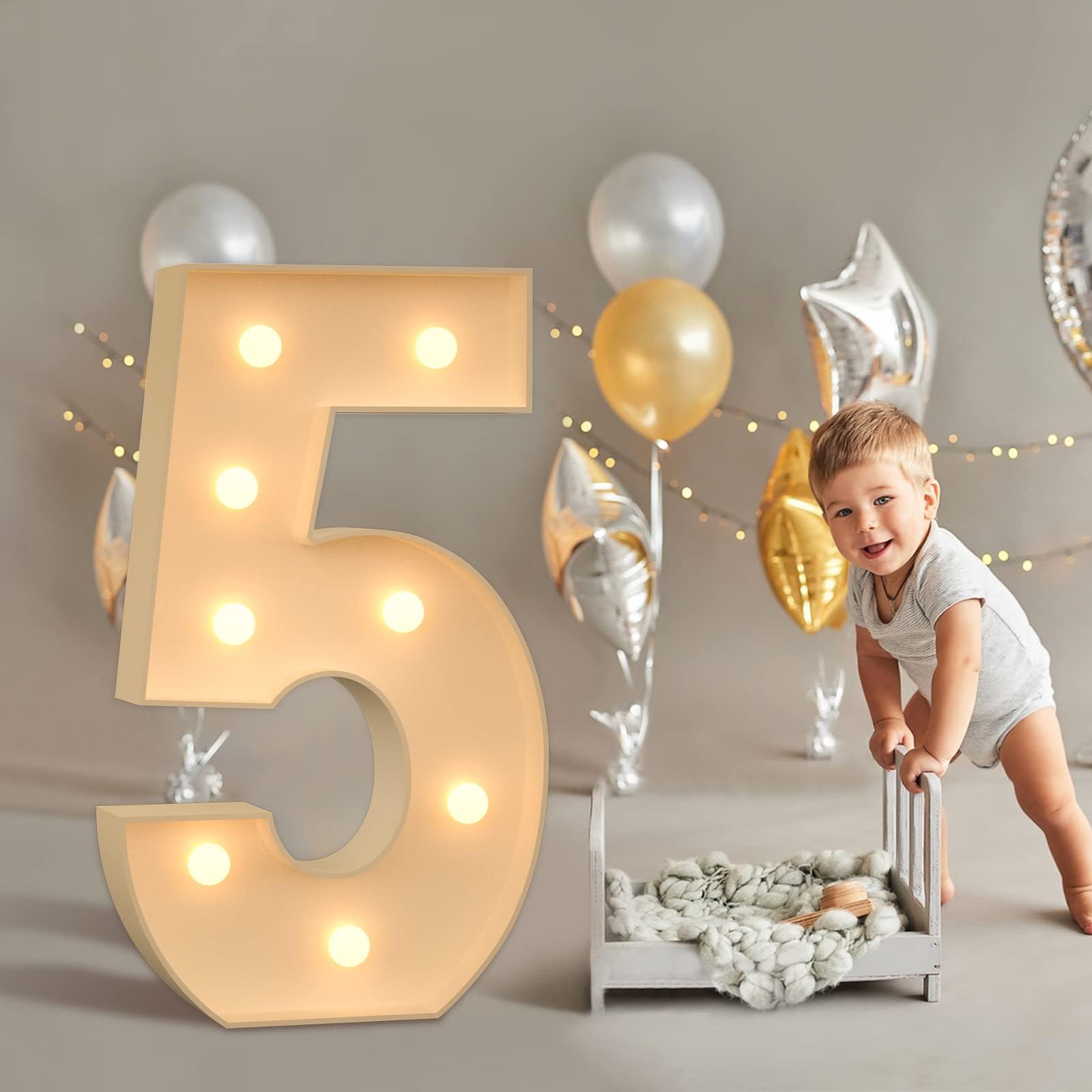 Photo 1 of Imprsv 3FT Light Up Marquee Numbers for 5th Birthday Party Decorations, Mosaic Numbers for Balloons, Large Cardboard Number Five Balloon Frame, Birthday Party Blocks