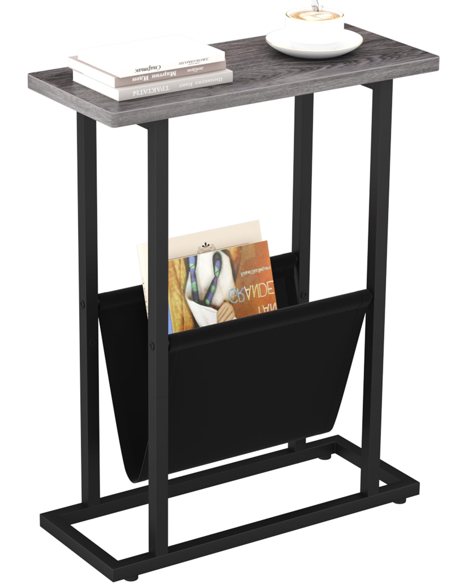 Photo 1 of Yusong Narrow Side Table for Small Spaces, Small End Table with Magazine Holder, Skinny Slim Little Thin Table for Living Room, Bedroom, Sofa, Grey Oak