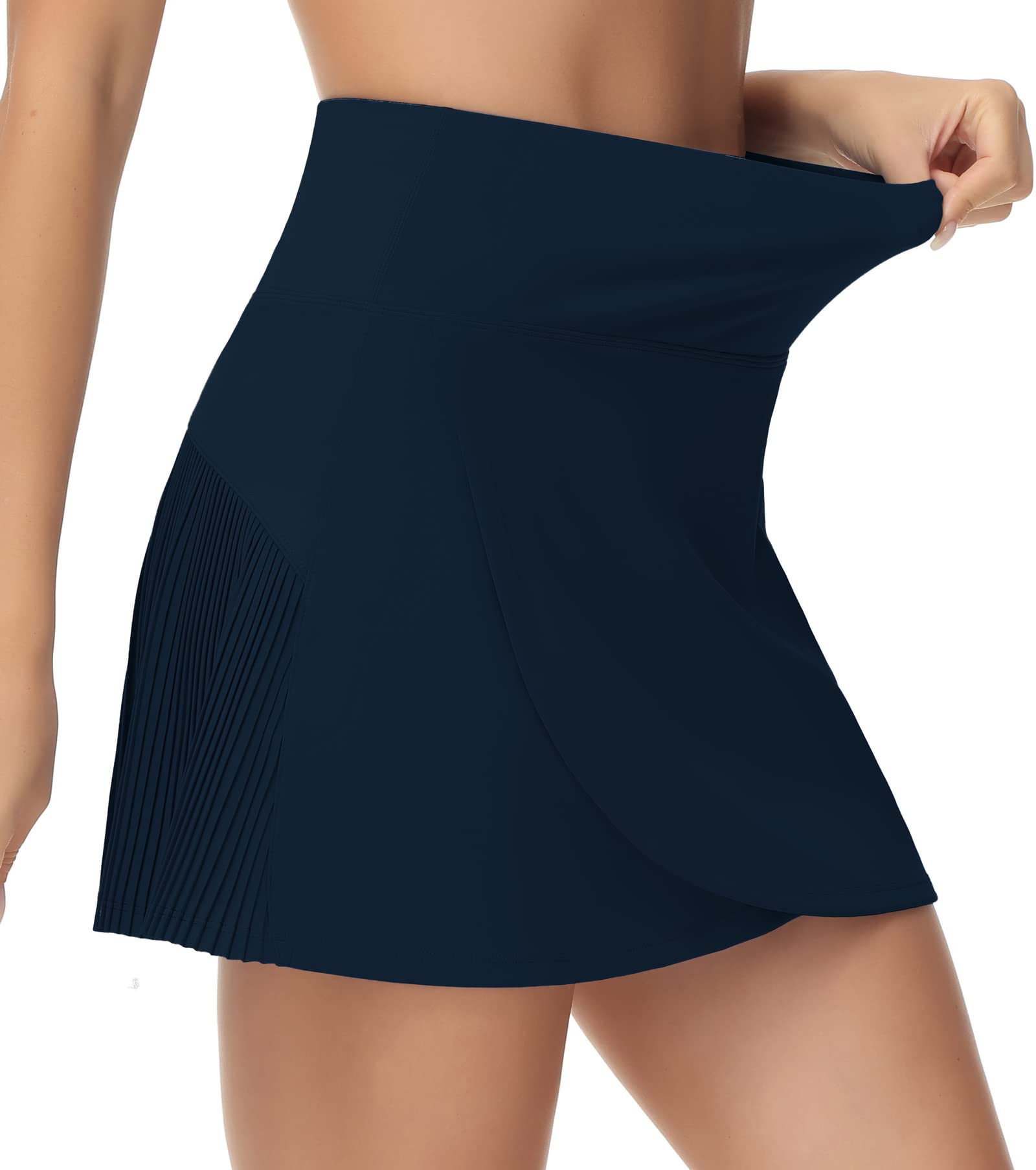 Photo 1 of THE GYM PEOPLE Women's High Waisted Tennis Skirts Crossover Hemline Back Pleated Golf Skorts with Inner Shorts Blue xl