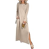 ANRABESS Women Long Sleeve Dresses 2025 Fall Casual Crewneck Loose Fit Split Flowy Wrinkle-Free Travel Vacation Maxi Dress