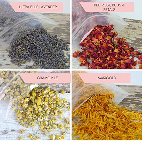 bMAKER Bulk Flower Kit Chamomile, Ultra Blue Lavender, Red Rose Buds & Petals, Marigold - 2 Cup Each Packet- Included Lavender Essential Oil