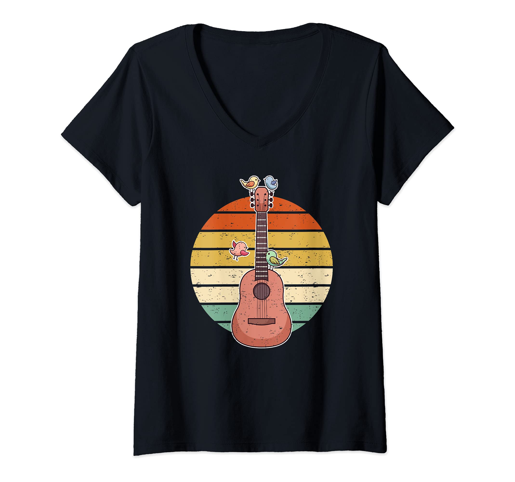 Womens Singing Birds Guitar Player Guitarist V-Neck T-Shirt